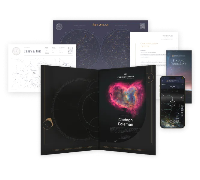 LabelStars printed star certificate and astronomy documents in a presentation folder