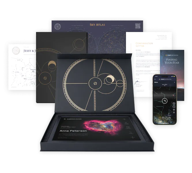 LabelStars premium star gift box with framed certificate, maps and mobile app