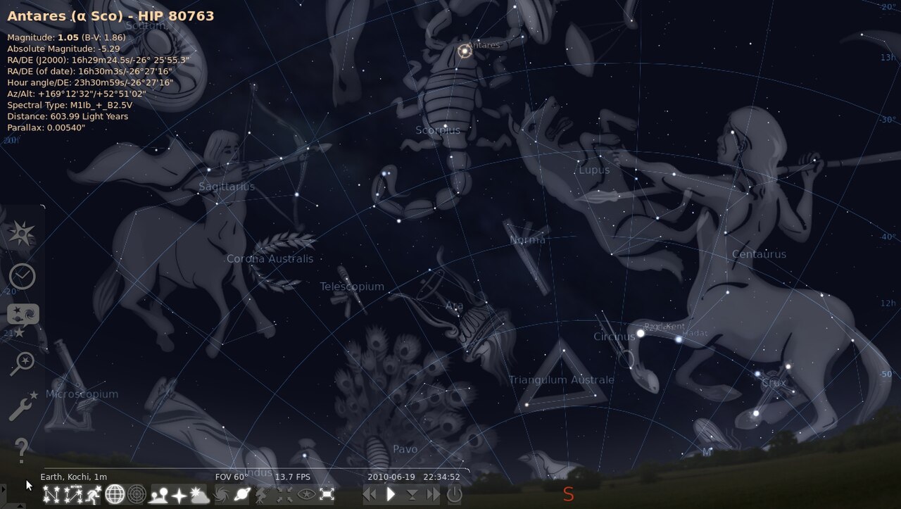 Stellarium planetarium software showing a labelled night sky with constellation figures