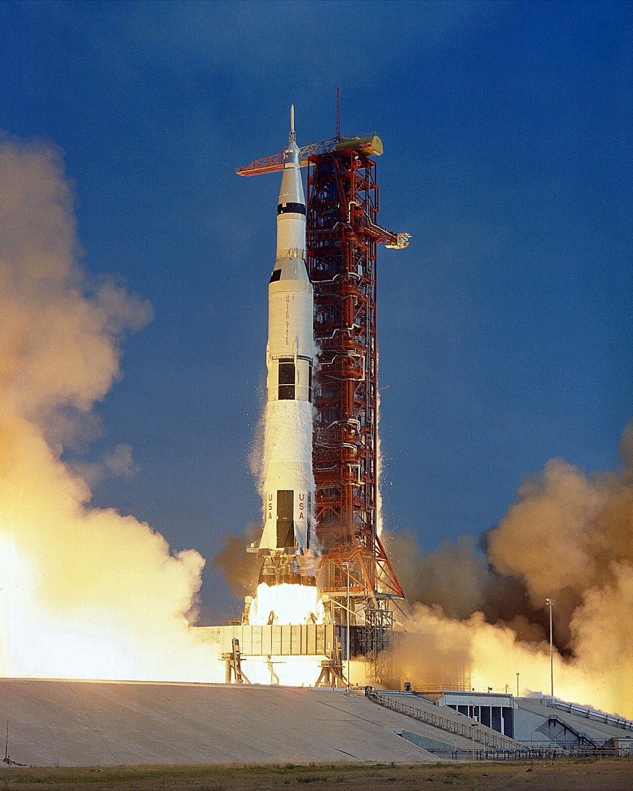 Apollo 11 Saturn V rocket lifting off from Kennedy Space Center